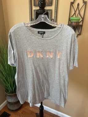 DKNY Gray Tee with Pink Embroidered Lettering